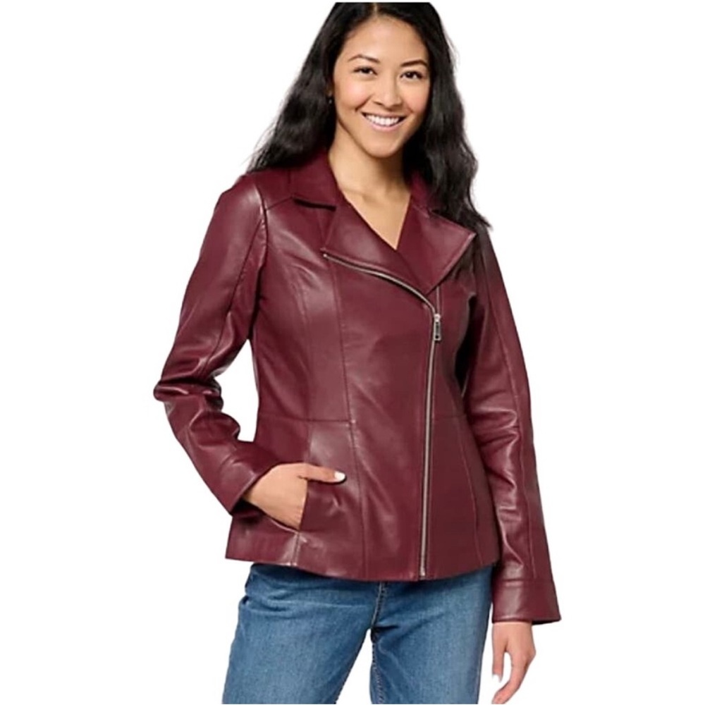 Denim&Co Deep Red Burgundy Leather Moto Jacket S M fits big